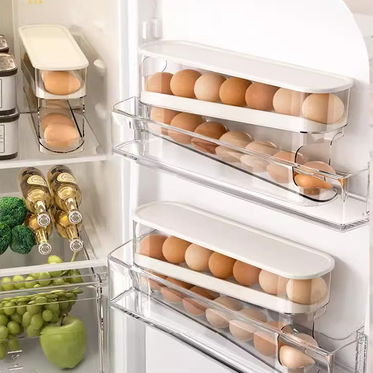 Locaupin Sliding Egg Container Kitchen Organizer with Lid Rolling Food Grade Refrigerator Egg Dispenser Storage Rack