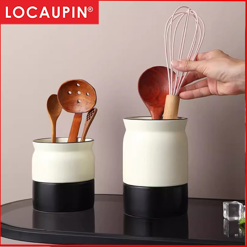 Locaupin Kitchen Utensil Holder Ceramic Utensil Organizer with Drain Hole for Spoons Forks Cutlery Spatulas