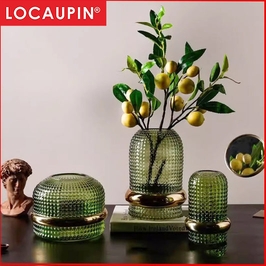 Locaupin Home Vase Flower Arrangement Optic Color Glass Vases with Golden Rim Decor for Dining Living Room Wedding Gift