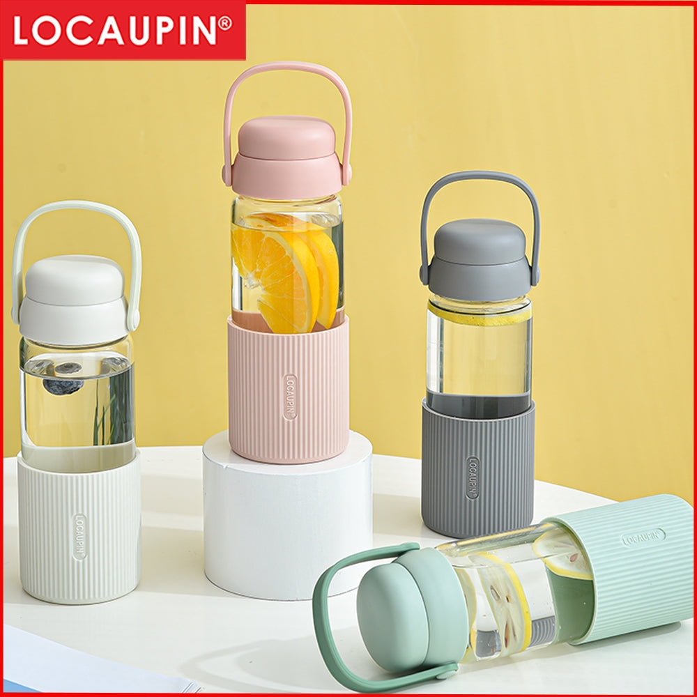 Locaupin Glass Water Bottles with Silicone Sleeve, BPA-Free,with Handle and Filter Tea Bottle,Portable Travel tea Bottle