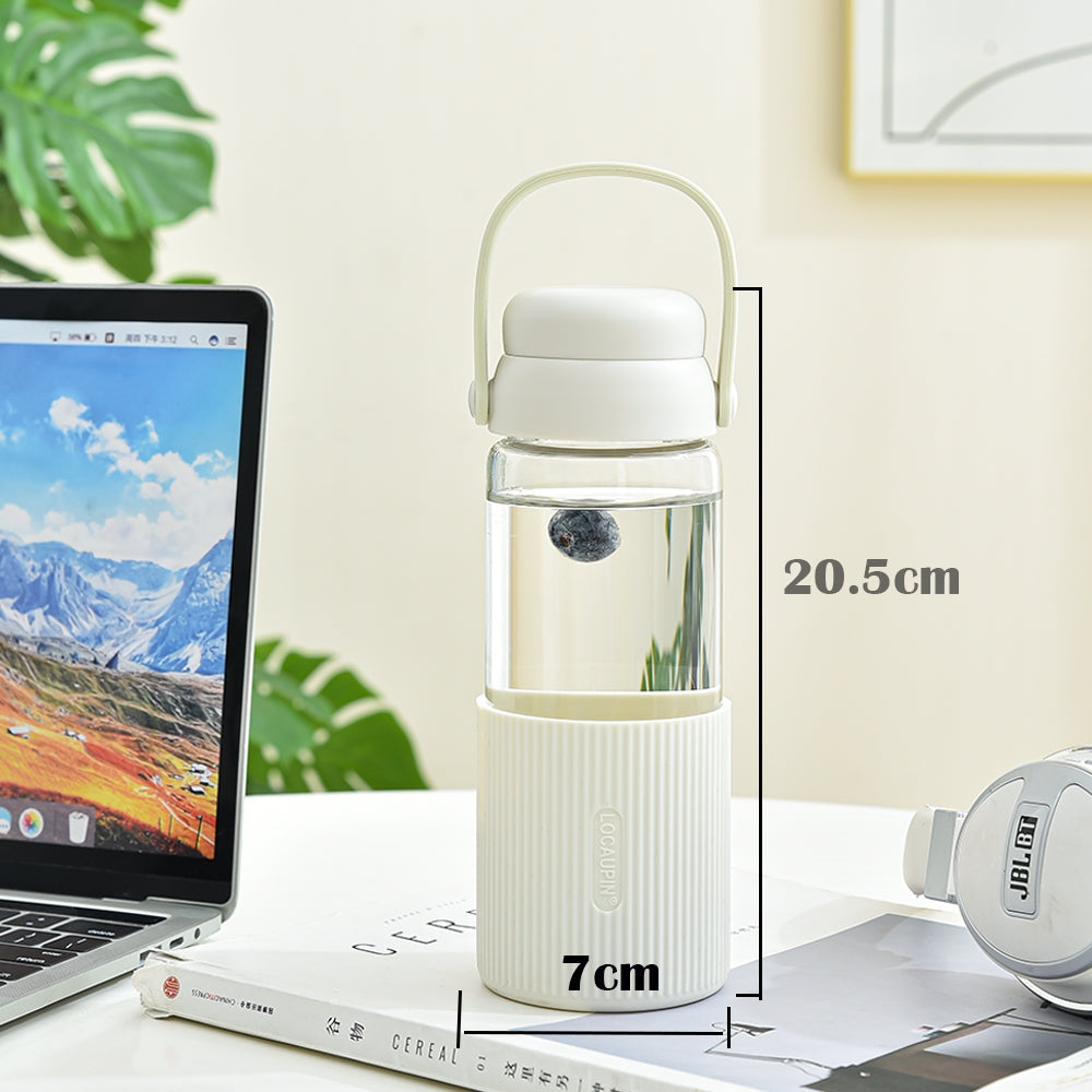 Locaupin Glass Water Bottles with Silicone Sleeve, BPA-Free,with Handle and Filter Tea Bottle,Portable Travel tea Bottle
