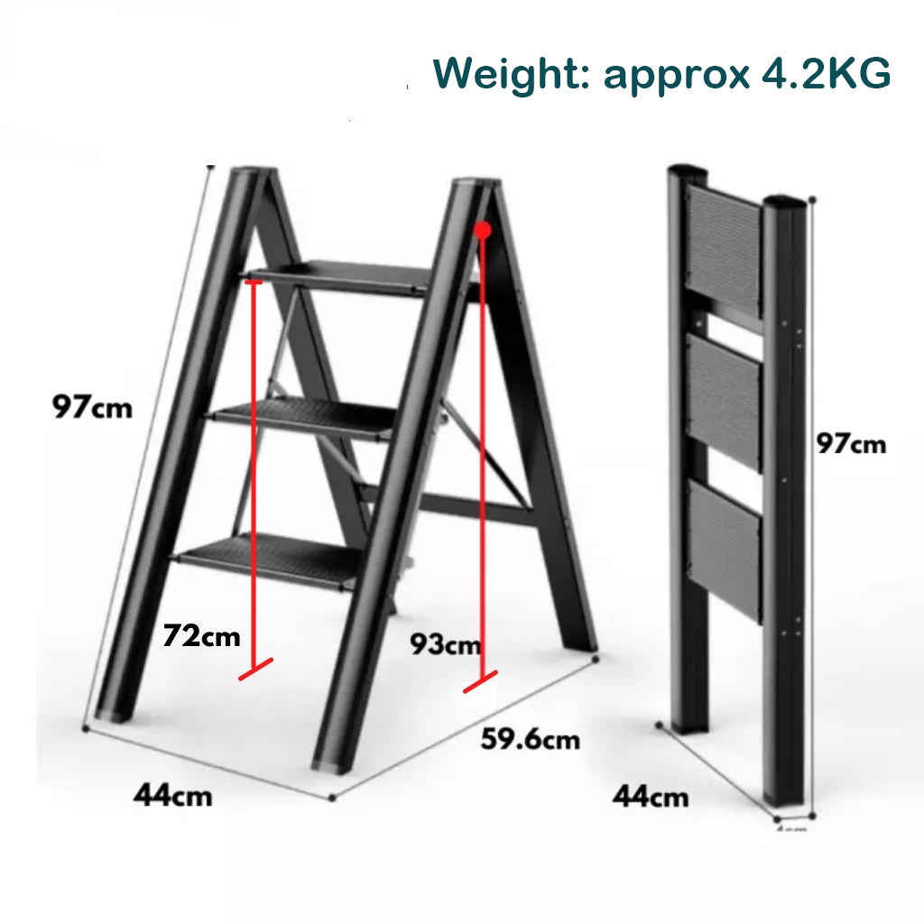 Locaupin 4 Steps Ladder Black Aluminum Lightweight Folding with Anti-Slip & Wide Pedal for Home and Kitchen Space Saving