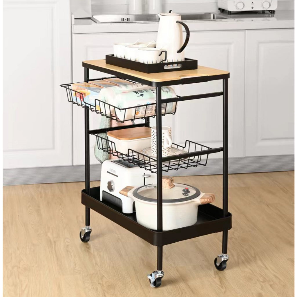 LOCAUPIN 4-Tier Flat Top Rolling Kitchen Serving Utility Cart on Wheels Storage Shelf with Wooden Table