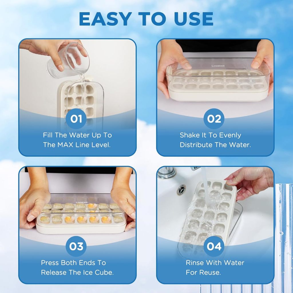 Locaupin Ice Cube Tray with Lid and Bin 21 Pcs Ice Cubes Mold for Freezer Easy Release Quick Filling Without Touching