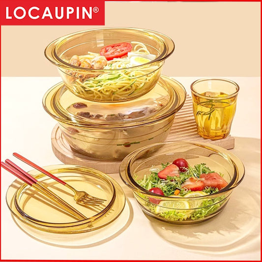 Locaupin Borosilicate Glass Bakeware Crystal Pot Microwave Oven Safe Vintage Design with Cover
