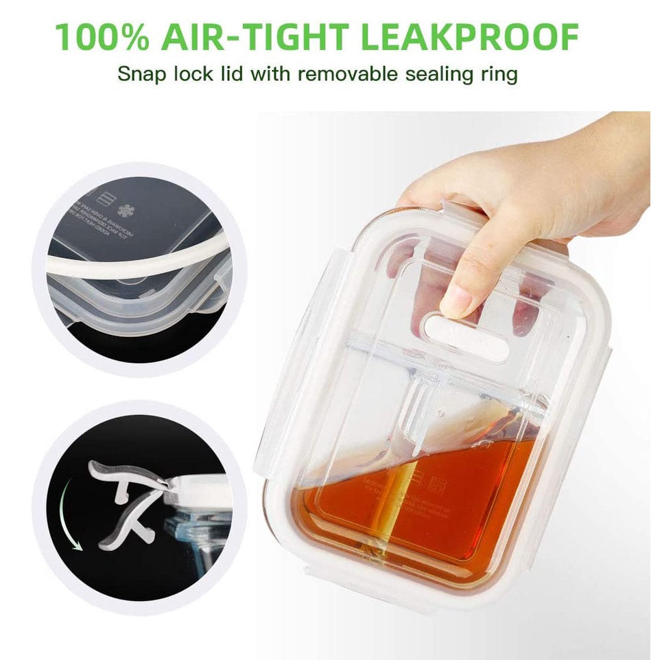 Locaupin Glass Container Plastic Lids ,Leak Proof Lunch Boxes Refrigerator Keep Fresh Food Container Microwave safe