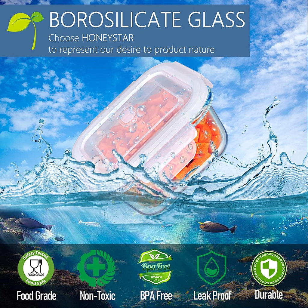 Locaupin Glass Container Plastic Lids ,Leak Proof Lunch Boxes Refrigerator Keep Fresh Food Container Microwave safe