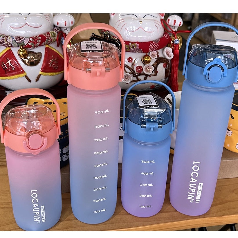 Locaupin Gradient Frosted Fitness Sports Water Bottle Snap Design Lid For Student to Outdoor Running Cycling Gym Workout