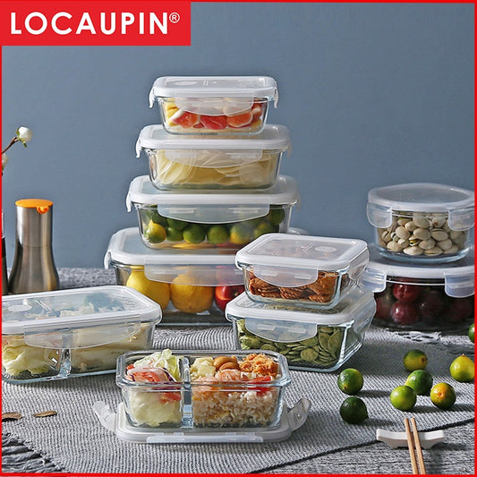 Locaupin Glass Container Plastic Lids ,Leak Proof Lunch Boxes Refrigerator Keep Fresh Food Container Microwave safe