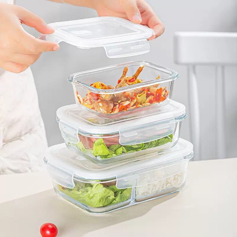 Locaupin Glass Container Plastic Lids ,Leak Proof Lunch Boxes Refrigerator Keep Fresh Food Container Microwave safe