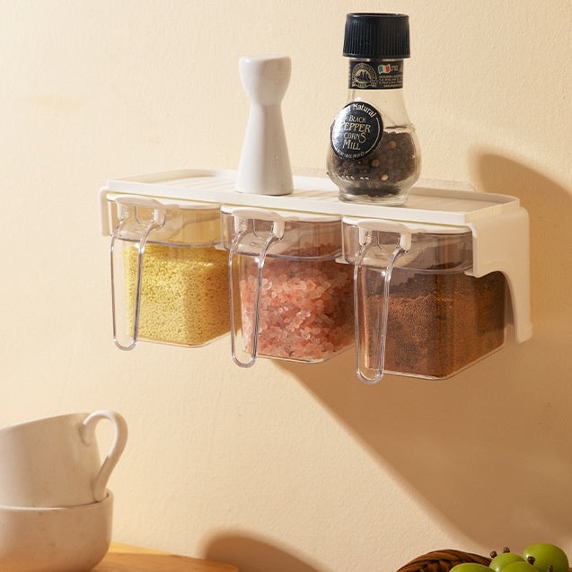 Locaupin 3 Grids Seasoning Box with Handle and Spoon, Seasoning Storage Container Rack Combo Set with Removable