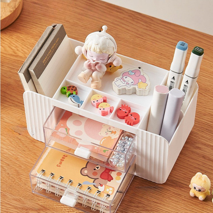 Locaupin white Desktop Organizer ,Makeup Organizer with Brush Holder Clear Drawer, for Small Tools Storage