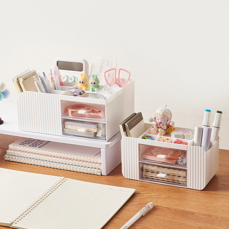 Locaupin white Desktop Organizer ,Makeup Organizer with Brush Holder Clear Drawer, for Small Tools Storage