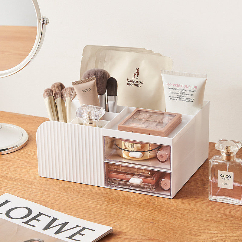 Locaupin white Desktop Organizer ,Makeup Organizer with Brush Holder Clear Drawer, for Small Tools Storage