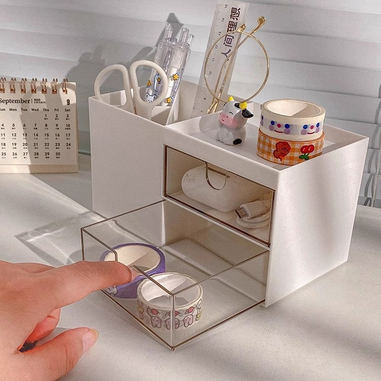 Locaupin white Desktop Organizer ,Makeup Organizer with Brush Holder Clear Drawer, for Small Tools Storage