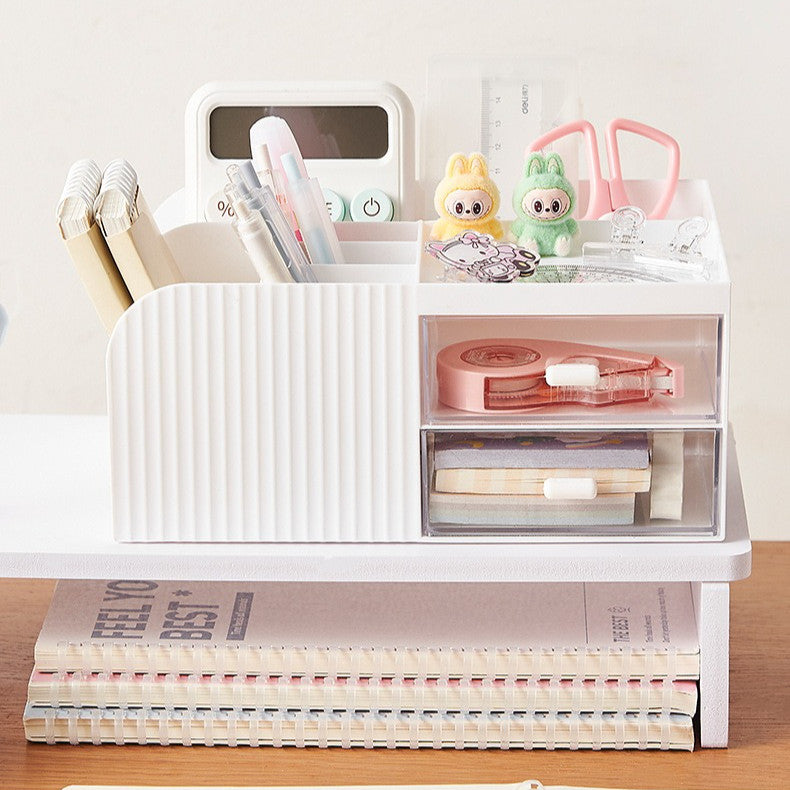 Locaupin white Desktop Organizer ,Makeup Organizer with Brush Holder Clear Drawer, for Small Tools Storage