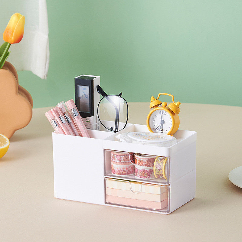 Locaupin white Desktop Organizer ,Makeup Organizer with Brush Holder Clear Drawer, for Small Tools Storage