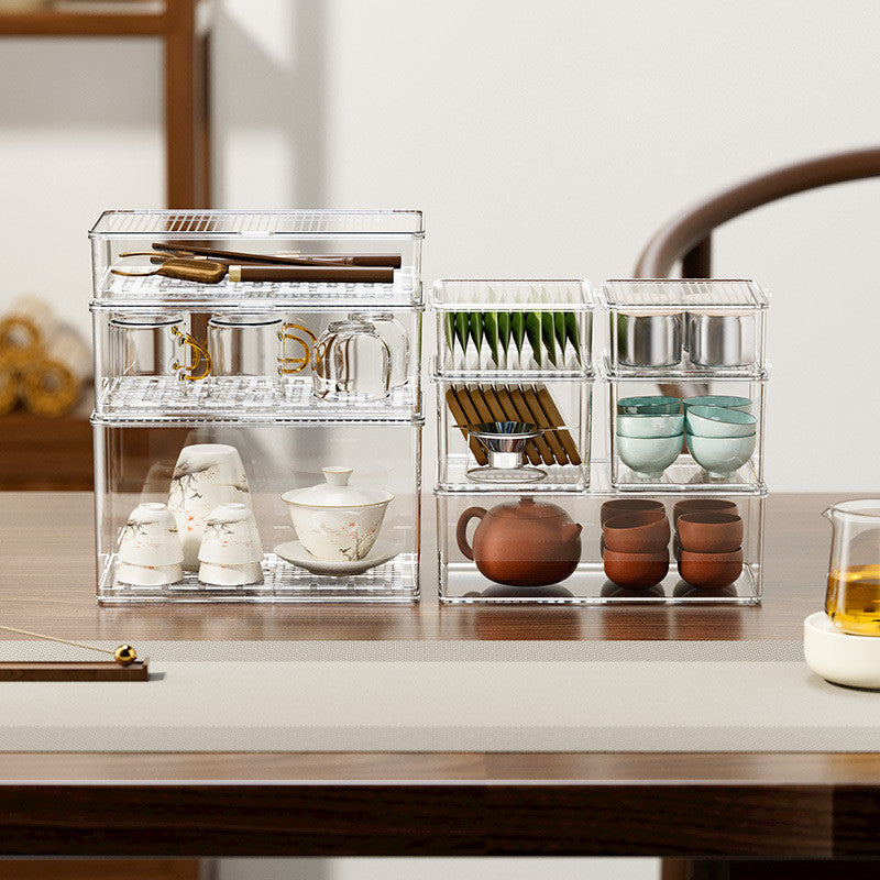 Locaupin Transparent Plastic Tea Utensil Storage Box with Removable Drip Tray Space-Saving Dustproof