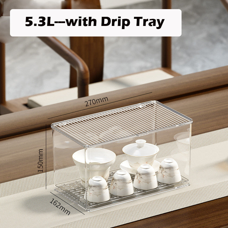 Locaupin Transparent Plastic Tea Utensil Storage Box with Removable Drip Tray Space-Saving Dustproof