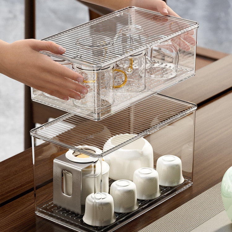 Locaupin Transparent Plastic Tea Utensil Storage Box with Removable Drip Tray Space-Saving Dustproof