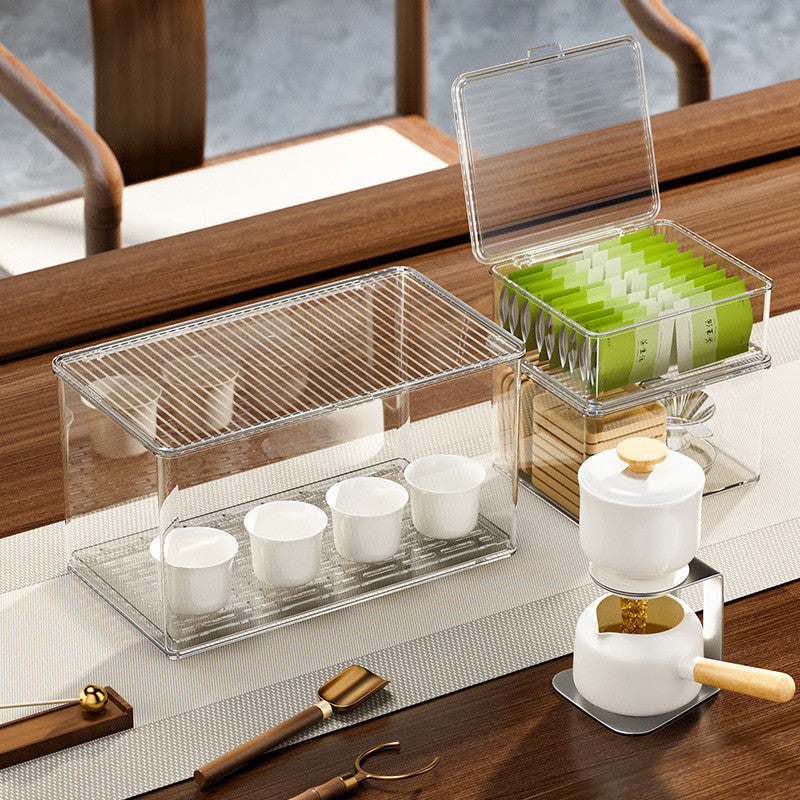 Locaupin Transparent Plastic Tea Utensil Storage Box with Removable Drip Tray Space-Saving Dustproof