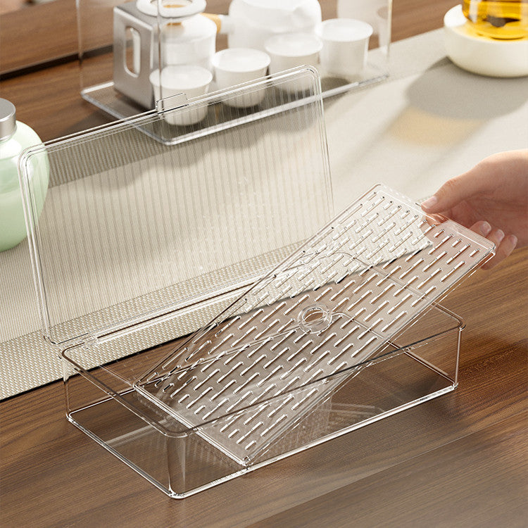 Locaupin Transparent Plastic Tea Utensil Storage Box with Removable Drip Tray Space-Saving Dustproof