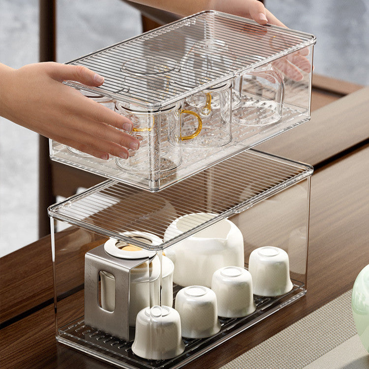 Locaupin Transparent Plastic Tea Utensil Storage Box with Removable Drip Tray Space-Saving Dustproof