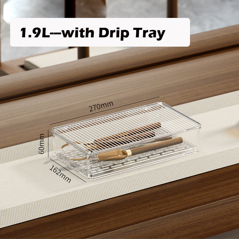 Locaupin Transparent Plastic Tea Utensil Storage Box with Removable Drip Tray Space-Saving Dustproof