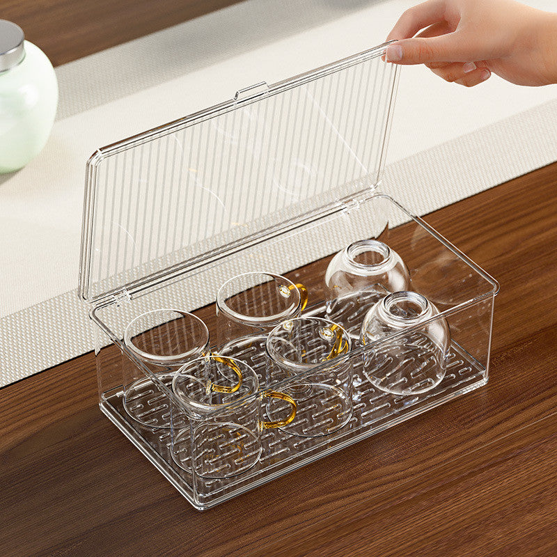 Locaupin Transparent Plastic Tea Utensil Storage Box with Removable Drip Tray Space-Saving Dustproof