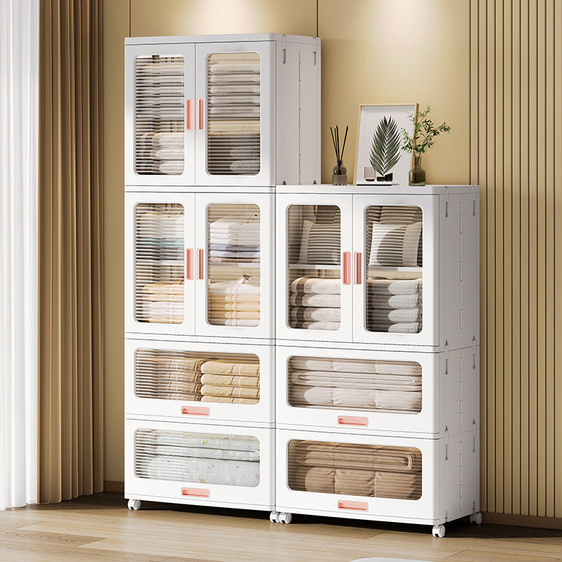 Locaupin Plastic Storage Cabinet Collapsible Storage Bins with Doors Stackable Book Storage Bins for Bathroom Entryway