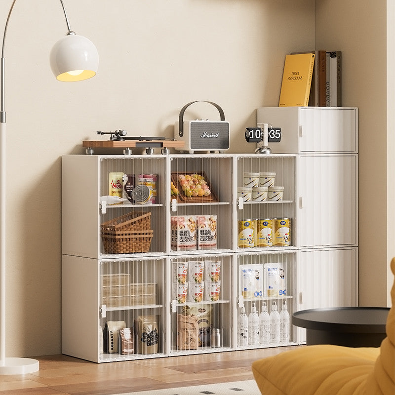 Locaupin Plastic Storage Cabinet Collapsible Storage Bins with Doors Stackable Book Storage Bins for Bathroom Entryway