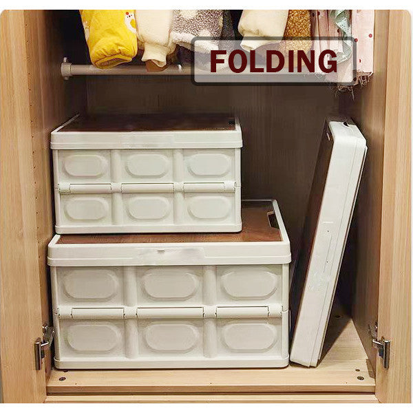 Locaupin Folding Storage Bins with Wood Lid Collapsible Closet Organizers Multifunctional Plastic Camping Storage