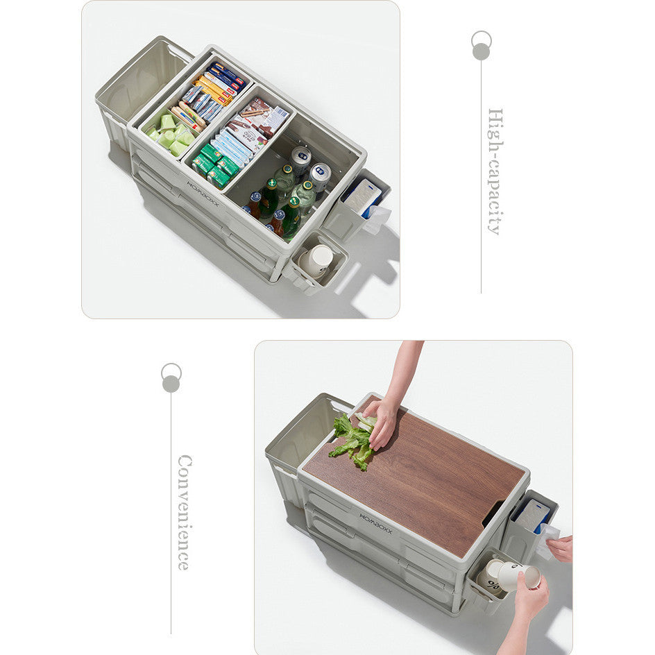 Locaupin Folding Storage Bins with Wood Lid Collapsible Closet Organizers Multifunctional Plastic Camping Storage
