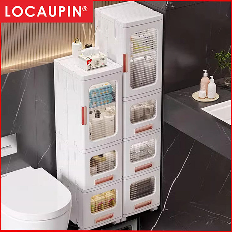 Locaupin Plastic Storage Cabinet Collapsible Storage Bins with Doors Stackable Book Storage Bins for Bathroom Entryway