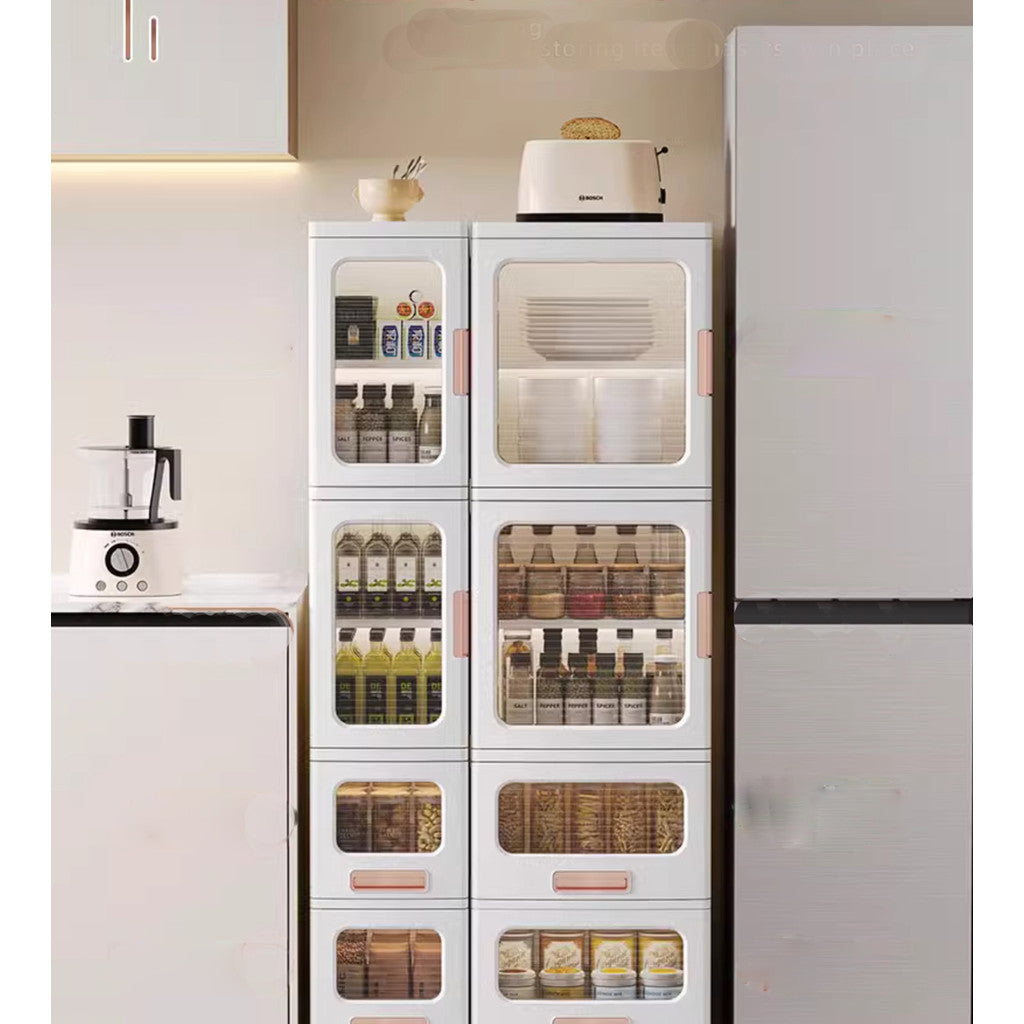Locaupin Plastic Storage Cabinet Collapsible Storage Bins with Doors Stackable Book Storage Bins for Bathroom Entryway