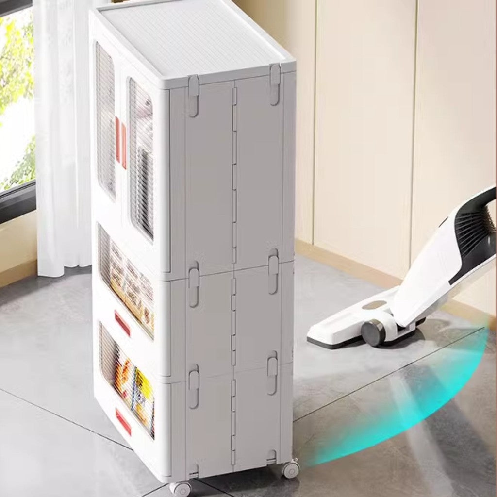 Locaupin Plastic Storage Cabinet Collapsible Storage Bins with Doors Stackable Book Storage Bins for Bathroom Entryway