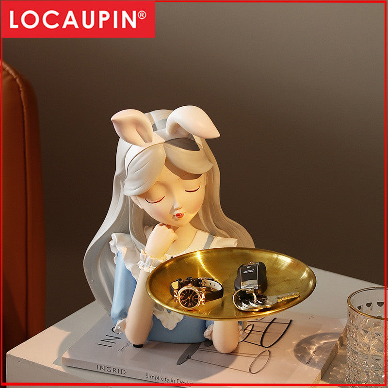 Locaupin Alice Rabbit Girl Resin Tray | Decorative Storage for Entryway | Bowknot Figurine Home Decor