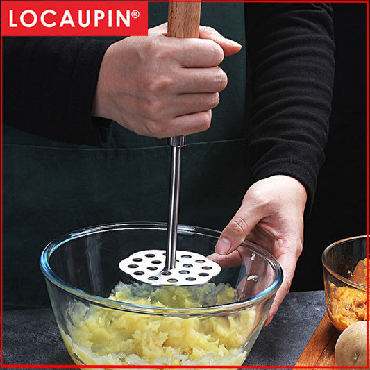 Locapin Stainless Steel Potato Press Potatoes Masher with Wood Handle Kitchen Supplies Fruit Masher Kitchen Gadget