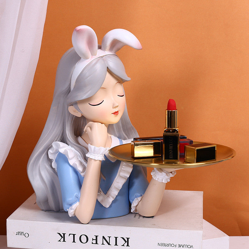Locaupin Alice Rabbit Girl Resin Tray | Decorative Storage for Entryway | Bowknot Figurine Home Decor