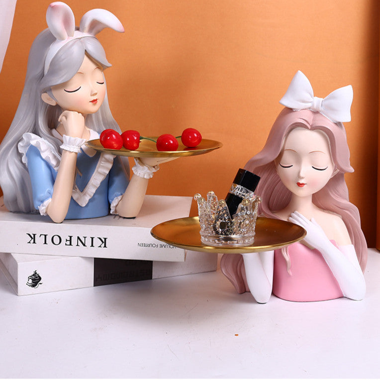 Locaupin Alice Rabbit Girl Resin Tray | Decorative Storage for Entryway | Bowknot Figurine Home Decor