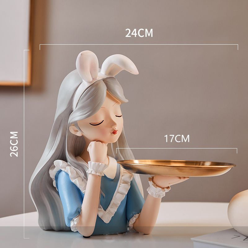 Locaupin Alice Rabbit Girl Resin Tray | Decorative Storage for Entryway | Bowknot Figurine Home Decor