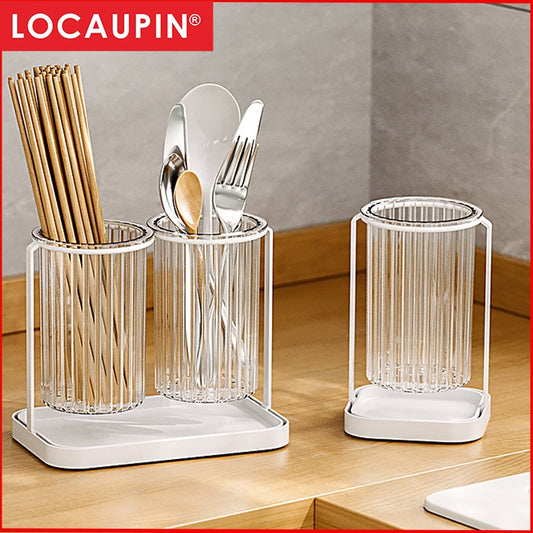 Locaupin Utensil Caddy,  Kitchen Tableware Organizer Chopsticks Spoon Fork Knife Plastic Holder Metal Stand