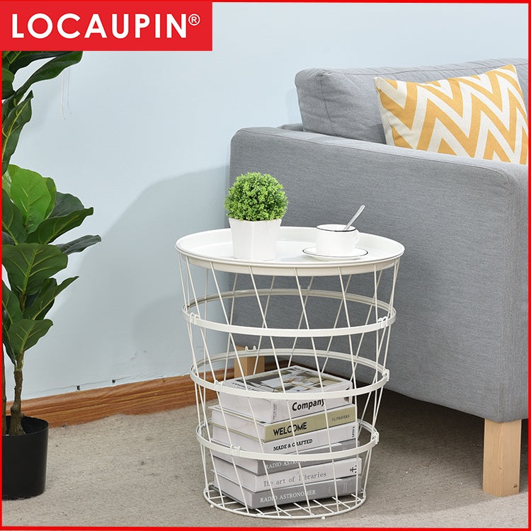Locaupin Easy Assemble Modern Snack Coffee Side Table Wire Metal Multifunctional Storage Basket Shelf Lifting Top Plate