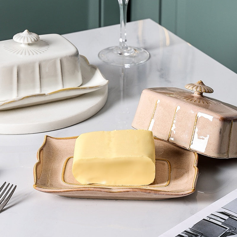 Locaupin Butter Dish with Lid  Large Ceramic Butter Storage Container Keeper for Refrigerator with Butter Knife