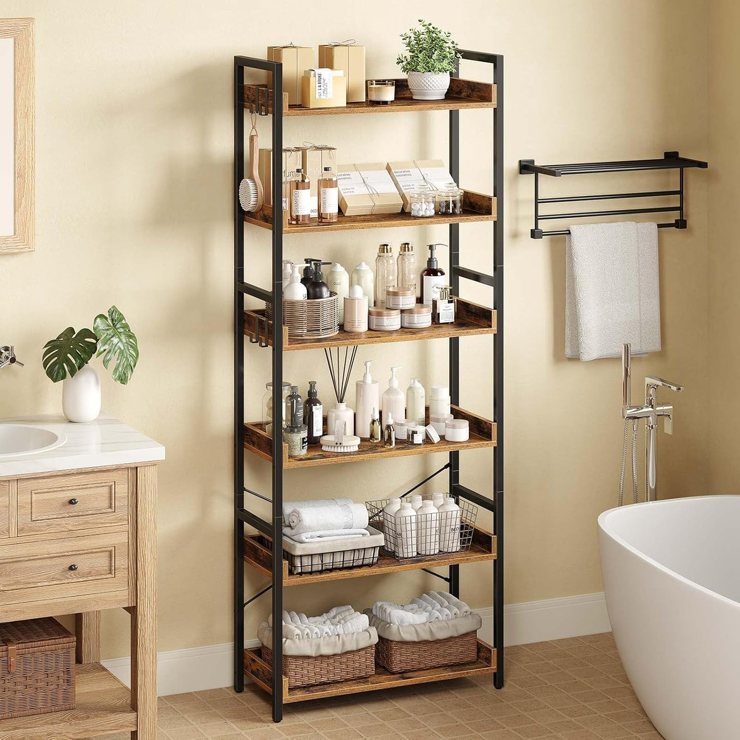 Locaupin Bookshelf 5 Tier – Industrial Vintage Metal Bookcase,Display Standing Shelf