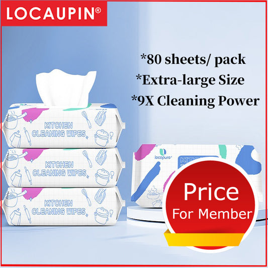 Locaupin Extra-large 80Sheet Kitchen Cleaning Wipes | Orange Oil | 9X Degreasing Power | Rich Foam | Gentle on Hands