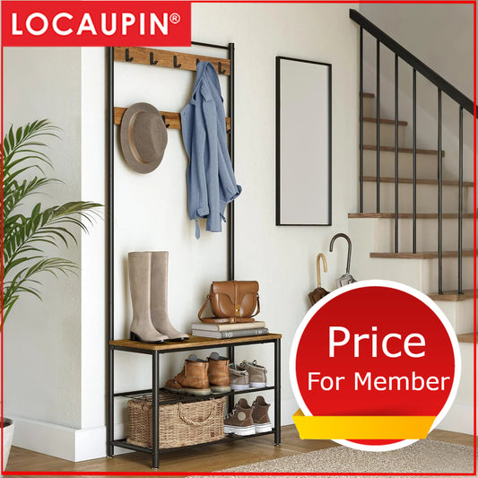 Locaupin Premium Entryway Organizer - Multi-Functional Hall Tree with Coat Racks & Shoe Storage Bench