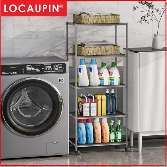 Locaupin Storage Shelf with Wheels-Adjustable 4 Tier Mesh Wire Shelving Unit, Standing Storage Rack, Organizer Shelves