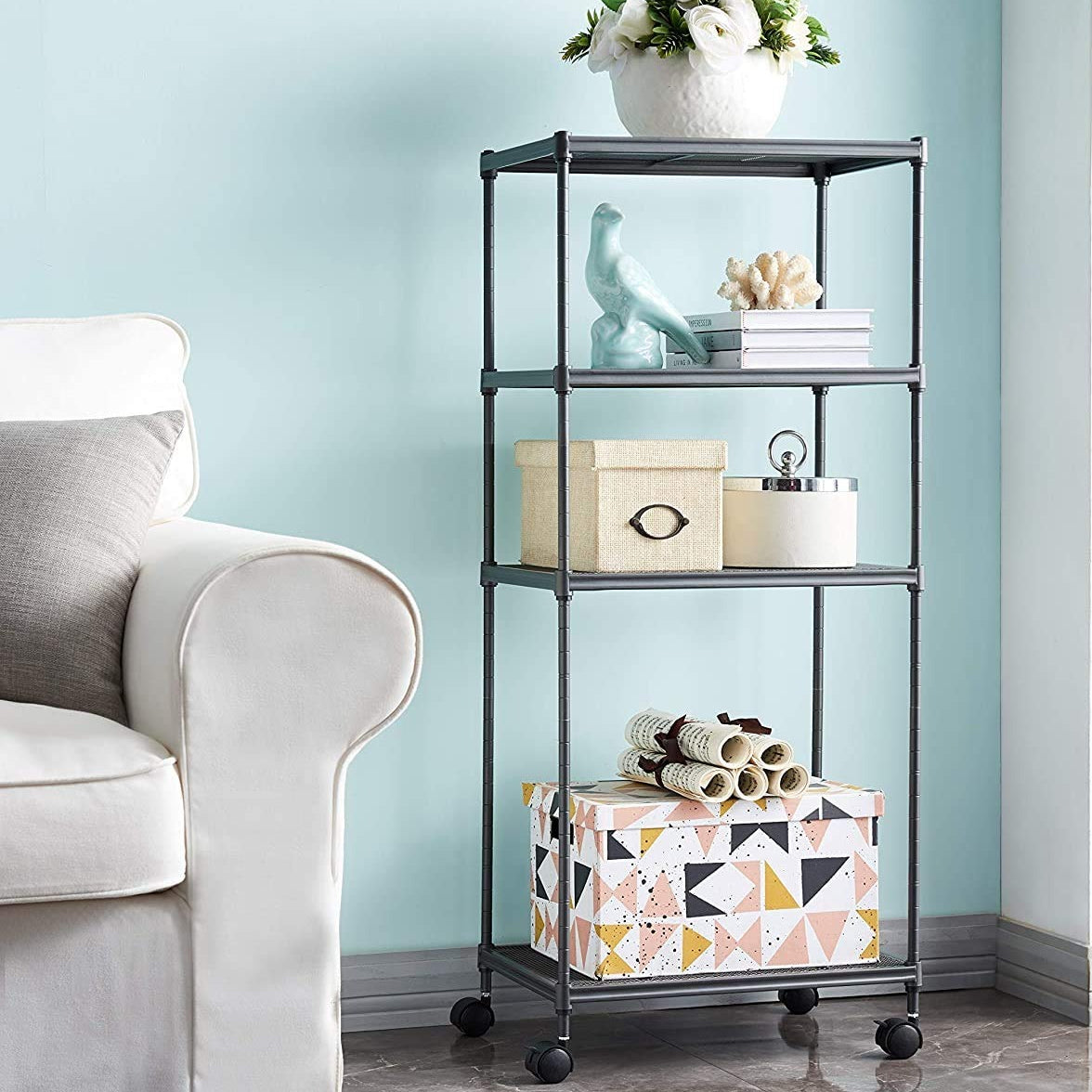 Locaupin Storage Shelf with Wheels-Adjustable 4 Tier Mesh Wire Shelving Unit, Standing Storage Rack, Organizer Shelves