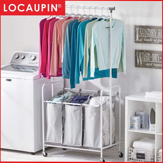 Locaupin Portable Laundry Sorter with Wheels and Attached Metal Hanging Bar -Laundry Hamper 3 Compartment Design